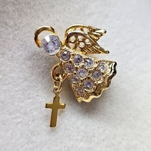 VINTAGE L Razza Gold-Tone Rhinestone Flying Angel & Cross Small Brooch Pin